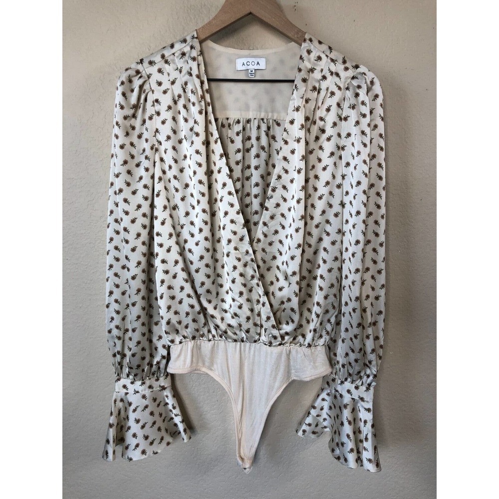 ACOA Womens Floral Bell Sleeve Bodysuit Size M Ruffle Deep V Neck Satin like